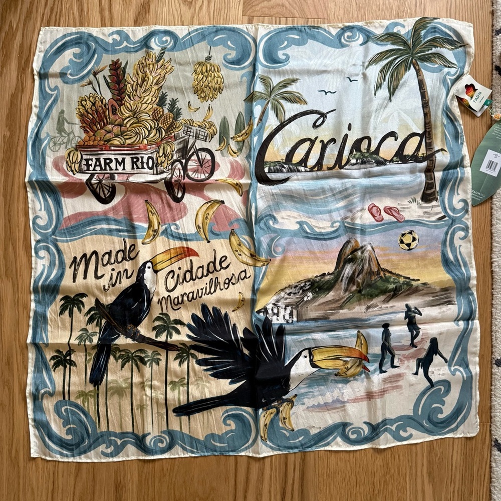 Farm Rio 100% silk scarf (and oversized light blue tshirt and tote bag)